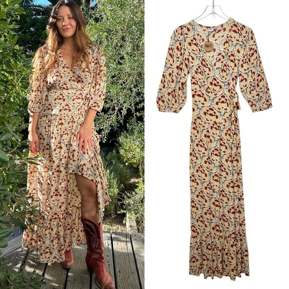 BILLA 77 Dresses & Skirts - NWT BILLA 77 Bellview Floral Wheat Boho Puff Sleeve Wrap Maxi Dress Sz XS